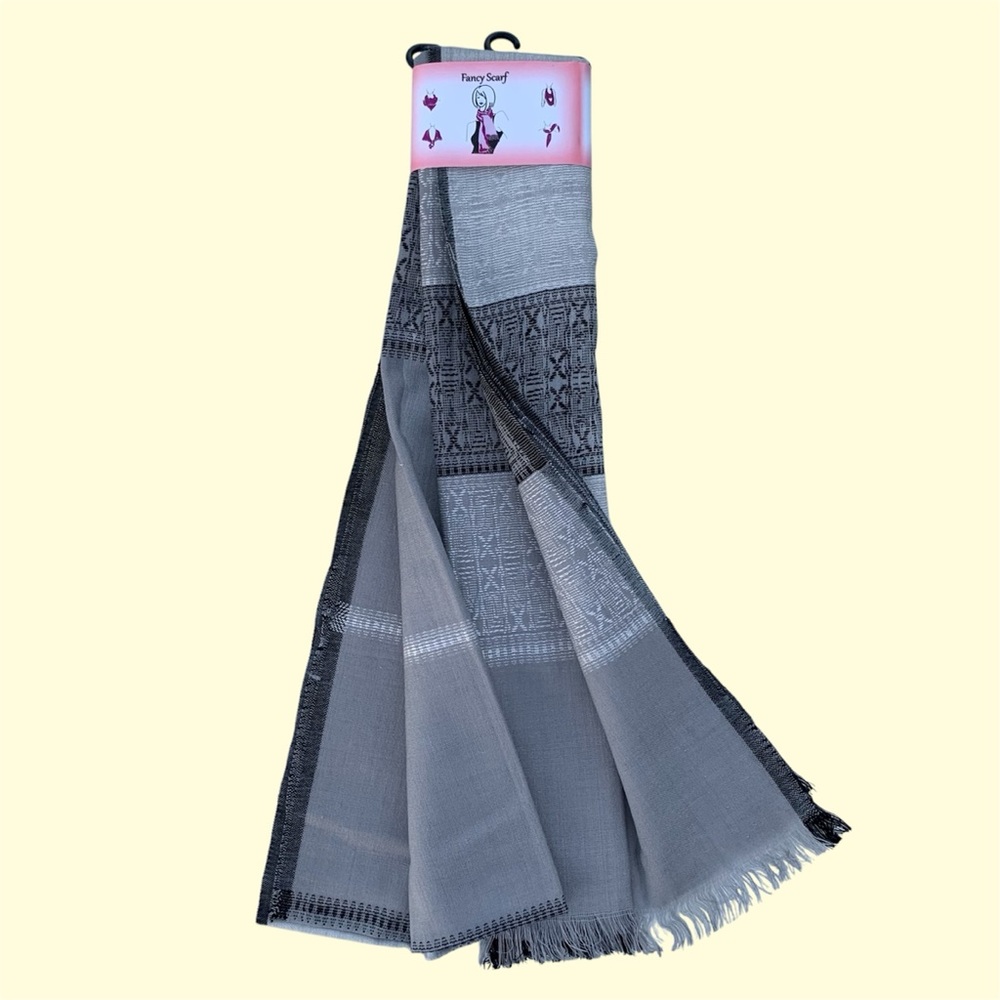 Amtal Gray and Black Fringed Edge Blanket Fancy Scarf • 80” x 28”